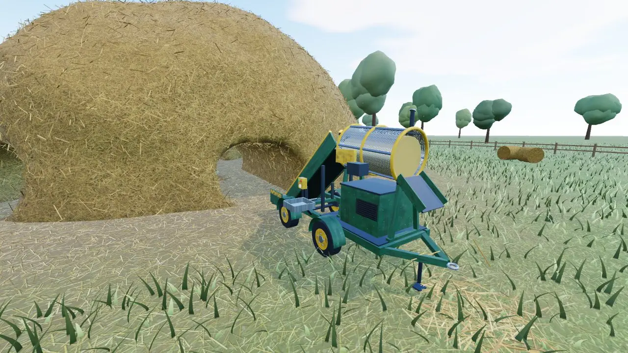 An Auto-Sifter machine with a conveyor and sieve drum parked beside the haystack