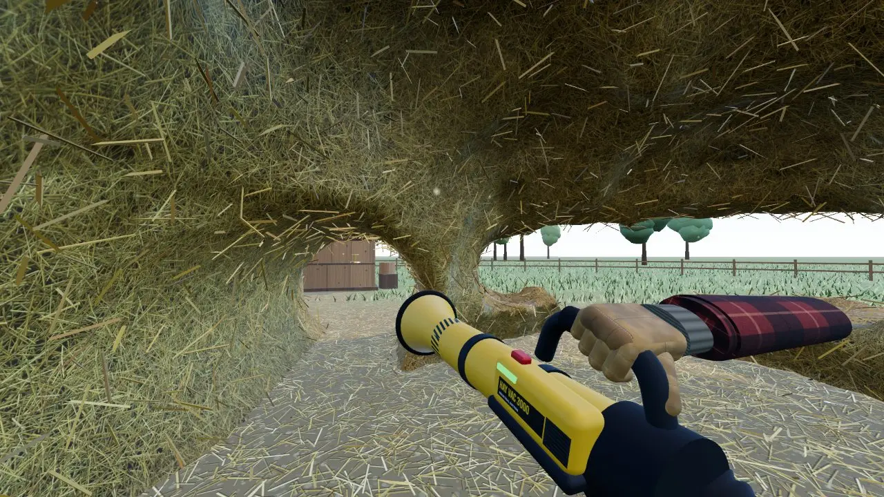 First-person view inside a tunnel dug through the haystack with the Hay Vacuum 3000